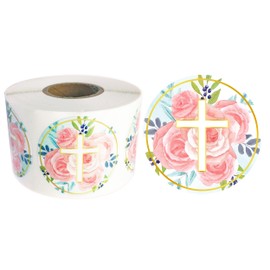 Religious Stickers – 500 PCS Rose Cross Stickers, Floral Christian Cross Design Round Labels, Envelope Seals, Party Favors, 1.5 Inches (3.81 cm)