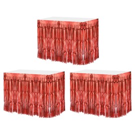 QUARKZMAN Pack of 3 29 x 108 inch Red Metallic Tinsel Table Skirts for Rectangular Tables Tinsel Background Curtain for Wedding and Birthday Party Decoration