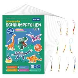 Smowo® 10 Dinosaur Shrink Films with Key Fob - Dino Craft Set with T-Rex & More - Shrinking Plastic Films with 100 Designs for Boys and Girls