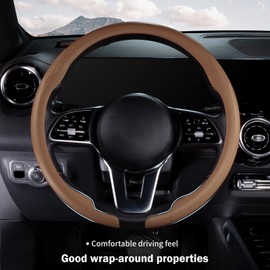 Car Steering Wheel Cover Men Nappa Leather Thin Snap On Steering Wheel Accessories 14.5-15 inch Universal Grip Breathable Anti-Skid Protector, Brown
