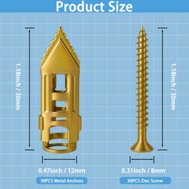 60 PCS Self Drilling Drywall Anchors Kit – 30 PCS Steel Anchor and 30 PCS zinc Screws for 3/8"–5/8" Walls, Easy No-Drill Install, High Strength for TVs, Shelves & Picture Frames