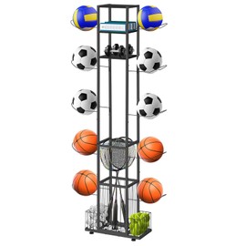 CADUKE Ball Holder Stand, Basketball Rack for Balls, 5-Tier Vertical Ball Storage for Home Garage Indoor Outdoor Ball Storage, Black