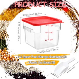 Hsei 6 Sets 6 Quart Commercial Food Storage Containers with Lids and 6 Pcs Plastic Ice Scoop for Freezer Flour Sugar Baking Bread Dog Food Restaurant Kitchen Square(Red)