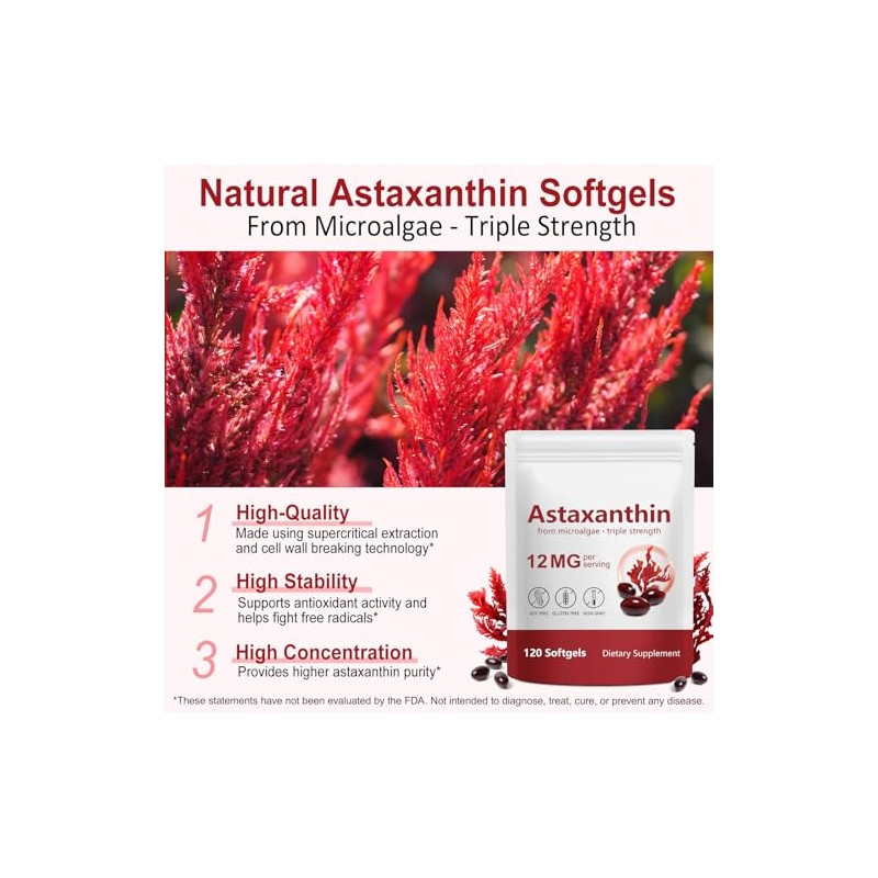 Astaxanthin 12 mg Supplements, 120 Softgels Premium Astaxanthin Antioxidant Supplements