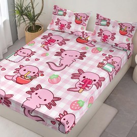 HOSIMA Axolotl Fitted Sheet Set Full Size for Kids Girls,Pink Cartoon Axolotl Eat Dessert Printing Bedding Set Full Size for Princess Bedroom Decor,1 Fitted Sheet+2 Pillowcases.