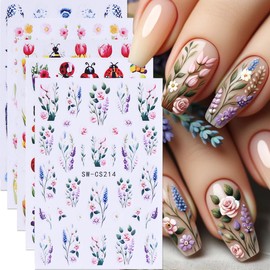 Spring Flower Nail Art Stickers Decals 8PCS Flower Butterfly Spring Design Nail Stickers Floral Bee ladybug Tulip Spring Summer Nails Adhesive Decals Manicure Supply for Women DIY Nail Art Decorations