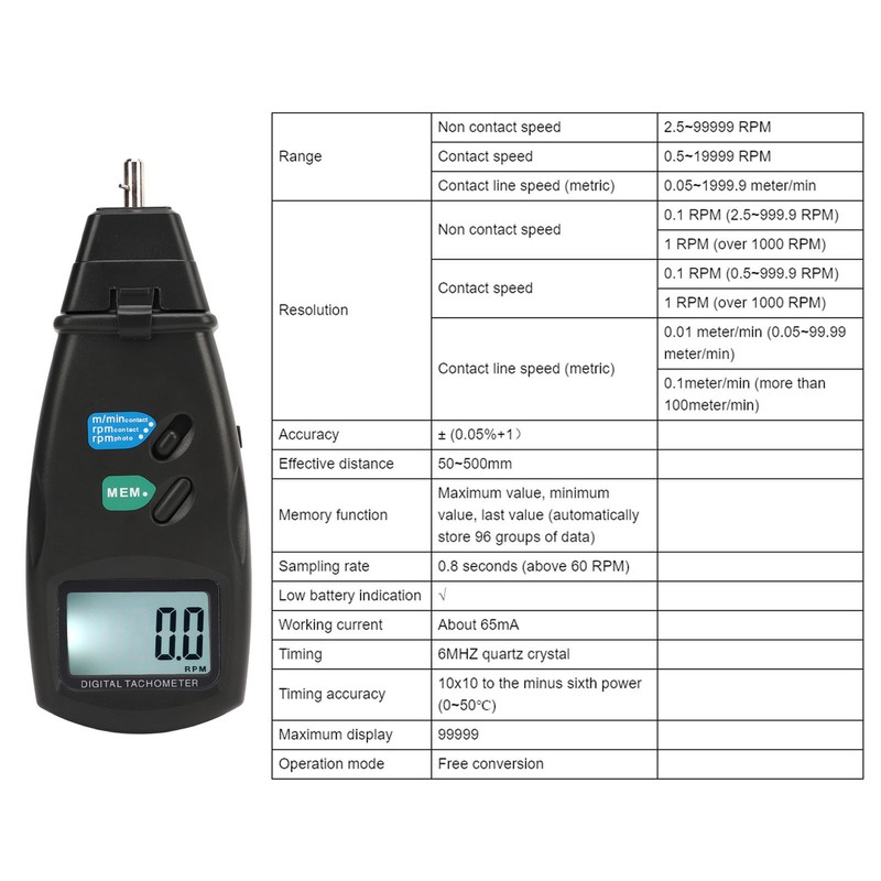 Tachometer LCD Digital Handheld Contact Non Contact 4 Test Mode