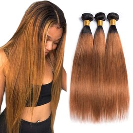 Ombre 1B30 Bundle Dark Brown Straight Human Hair 3 Bundles Ombre Brown Brazilian Remy Hair Extensions Tow Tone Wet and Wavy Bundles 16 18 20 Inch