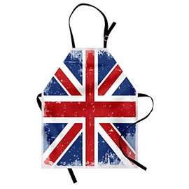 Lunarable British Apron, Abstract England London Flag Old Vintage Like Shadow Print, Unisex Kitchen Bib with Adjustable Neck for Cooking Gardening, Adult Size, Navy Blue