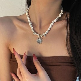 Cubahop Sun Pendant Necklace Silver Beads Crushed Stones Choker Necklace Jewelry for Women One Size Metal No Gemstone, Metal, No Gemstone