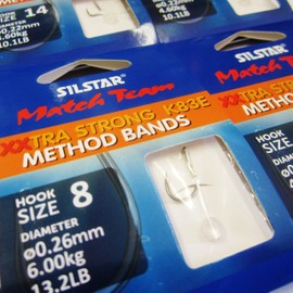 SILSTAR Match Team 24 (4 packs of 6) K83E - Wide Gape XTRA STRONG (Method Power Band Rigs) Barbless Hair Rig Fishing Hooks - Available in size 8, 10, 12 and 14 (4 packs - Size 10 to 0.22mm of 10.1lb)