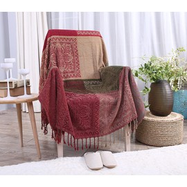 AIVIA Boho Sofa Couch Throw Blanket Futon Slipcover, Recliner Chair Throws Sofa Cover Colorful Chenille Woven Bohemian Decor - 60" x 75" Green Wine Red