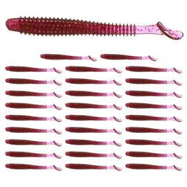 TIXIPEM 2.95" T-Tail Soft Fishing Lures [30-Pack] - Paddle Tail Swim Bait for Bass Trout in Saltwater & Freshwater - Rigged with 1/0 & 2/0 Hooks - Purple Red & Durable ABS Plastic