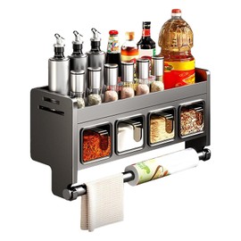 Spice Rack Wall with Spice Box & Kitchen Roll Holder, Stainless Steel Spice Rack without Drilling, Kitchen Shelf Hanging with Spoon, Widening the Worktop, Wall Shelf Kitchen, Spice Organiser (4 Spice Box)