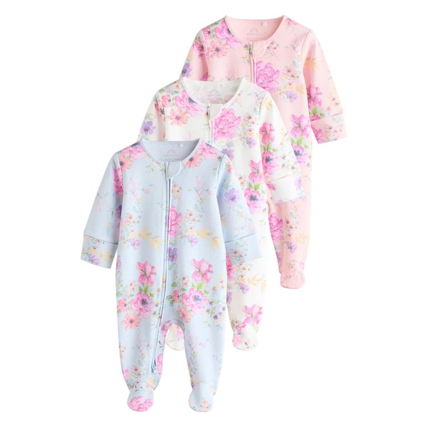 NEXT Floral Cotton Rompers, Pack of 3, pink