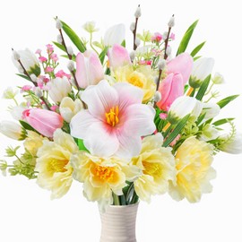 VirtuGro 16.14" Spring Flowers Artificial Mixed Tulip Flowers Yellow Fake Peony Silk Flower Bouquet for Home Party Vase Baby Breath Centerpiece Easter Decor
