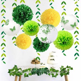 18pack Party Supplies, Party Decorations Paper Lanterns Paper Pom poms leaf Garland Butterfly decoration for Baby Shower Wedding Birthday Anniversary Party (Green)