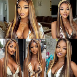 Biliisyff P4/27 Honey Blonde Ombre Straight Bundles Human Hair #4 & #27 Piano Color Mix, Highlight Chocolate Brown & Honey Blonde Bundles,Remy Hair Soft And Healthy Salon Quality 20 20 20 Inch