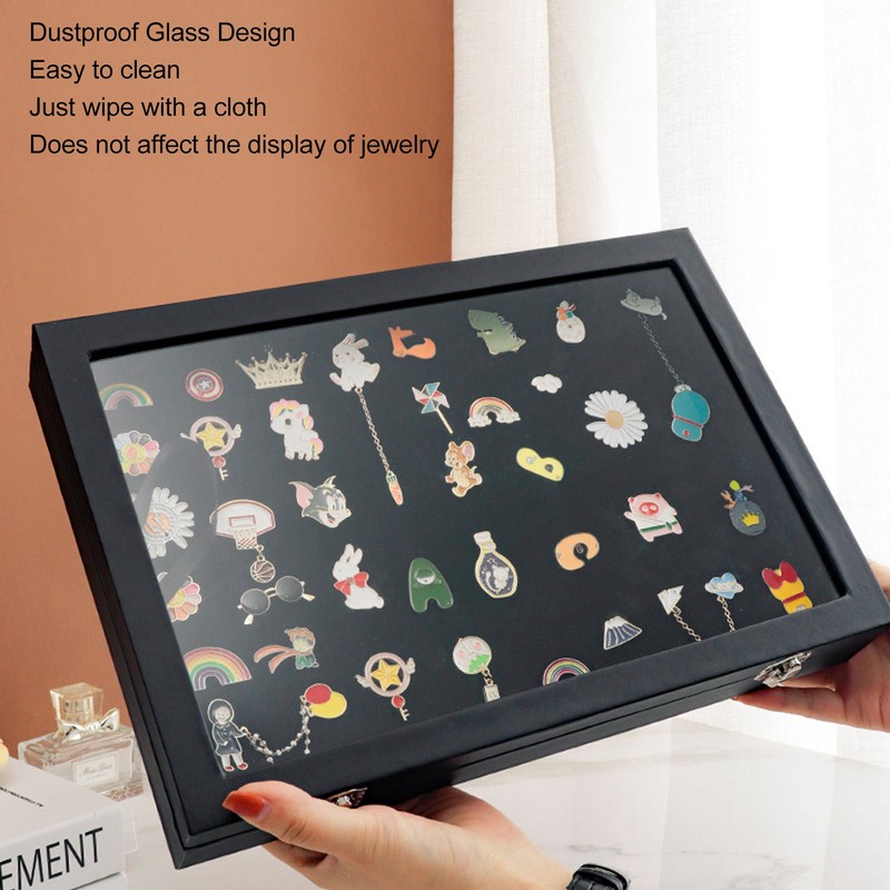 Pin Display Case Dustproof Transparent Glass Lid Badge Storage Box