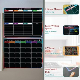 Black Magnetic Calendar for Refrigerator | 2 PCS Dry Erase Acrylic Black Chalkboard Calendars for Fridge with Removable Template Plus 6 Liquid Chalk Markers for Blackboard
