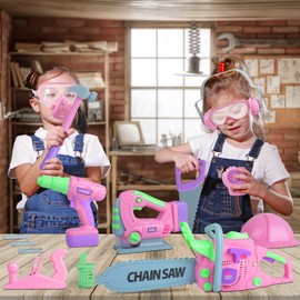 Kids Tool Set for Girls - Toddler Tool Set with Toy Chainsaw, Electric Toy Drill, Pretend Play Construction Tools Toy Gifts for Kids Aged 3 4 5 6 7