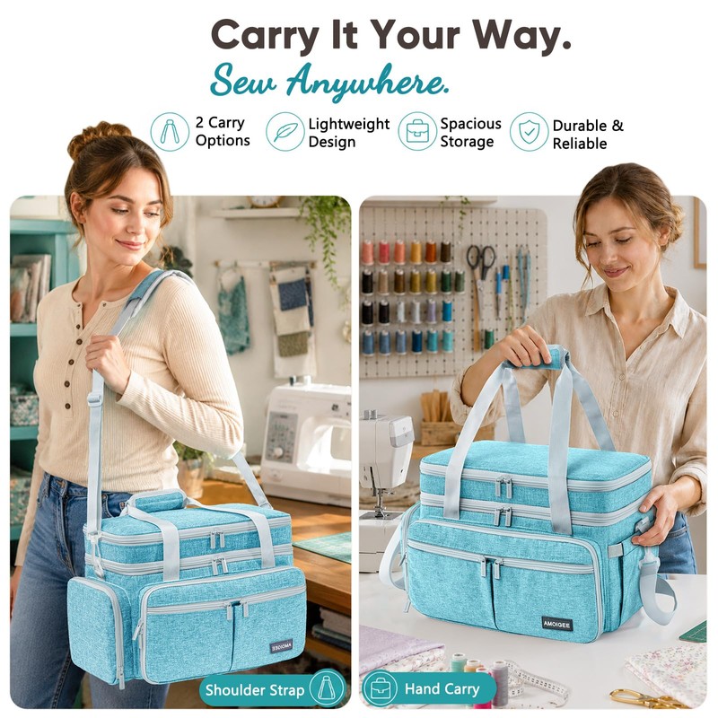AMOIGEE Sewing Organizer Bag with 2 Clear Storage Boxes, Double