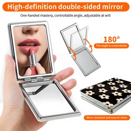 POTYHDC Compact Pocket Mirror, Cute Travel Mini Mirror with Magnification, Foldable Double-Sided Portable Cosmetic Mirror for Men, Women Black Cream Flowers