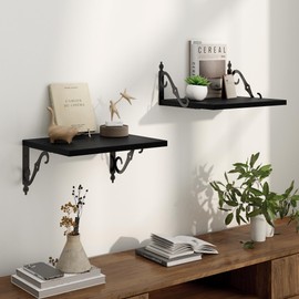 16 Inch Floating Shelves for Wall, 12 Inch Deep Floating Shelf with Bracket, Wall Shelves 16 Inches Long, Wide Display & Storage Shelves for Living Room, Bathroom, Bedroom, Black, Set of 2