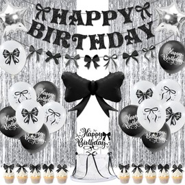 Holkcog Black Birthday Party Decoration for Girls, Bow Happy Birthday Decor, Black White Ballons, Cupcake Toppers, Rain Curtain, Bow Banner, Supplies for Bachelorette Party Decorations
