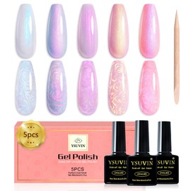 YSUVIN UV Nagellack Pearl, 5 Farben Weiß Blau Rosa Shimmer Pearl Effect Spirale Gel Nagellack mit Stick den Kreis, Thread Shell Gellack Soak-Off UV für DIY Nail Art Maniküre Salon, 8ML