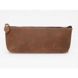 BAWAKO Pencil Case Made of High-Quality Leather - Beautiful Handmade Case with Zip - Elegant Pencil Case for Adults and Students, Cosmetic Bag, Makeup Bag, Hellbaun, Lightweight