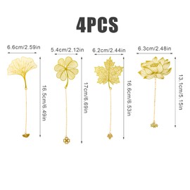 SAVITA 4 Pcs Metal Bookmarks with Chain, Hollow Leaf Bookmark with Lotus Ginkgo Maple Four-Leaf Clover Patterns, Flower Bookmarks for Book Lovers (Golden,4 Styles)