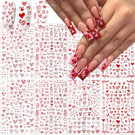 8Sheets Valentine's Day Nail Art Stickers Red Heart Nail Decals 3D Self Adhesive Valentine’s Nail Supplies Laser Metallic Red Heart Love Glitter Design for Valentine French DIY Women Girls Nail Decor