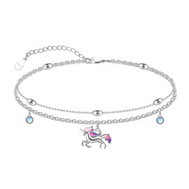 CHIC & ARTSY Unicorn Anklet 925 Sterling Silver Unicorn Anklet Cute Unicorn Ladies Anklet Platinum Layered Anklet Adjustable Ladies Animal Double Layers Anklets, 10.5 inches