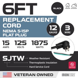 Iron Forge Cable Flat Plug 12 Gauge Power Cord Replacement - 6ft,15 Amp Black Heavy Duty, 12/3 SJT 3 Prong Cable for Appliances & Power Tools