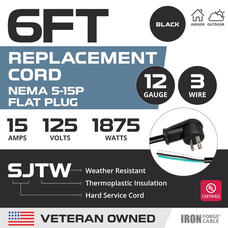 Iron Forge Cable Flat Plug 12 Gauge Power Cord Replacement