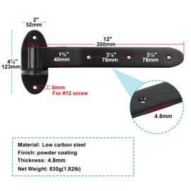 MOUNTAIN_ARK 4 Pack 12" Black Strap Gate Hinges, Heavy Duty T Shape Lift Off Hinge for Shed Barn Fence, 3/16" Thick