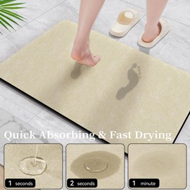 Earcu Bath Mat Rugs 24x17 - Diatomaceous Earth Bath Mat Quick Dry Absorbing Bathroom Rugs Rubber Non Slip Thin Bathroom Mat Fit Under Door, Bath Mats for Bathroom Floor, Tub and Shower, Sink, Beige