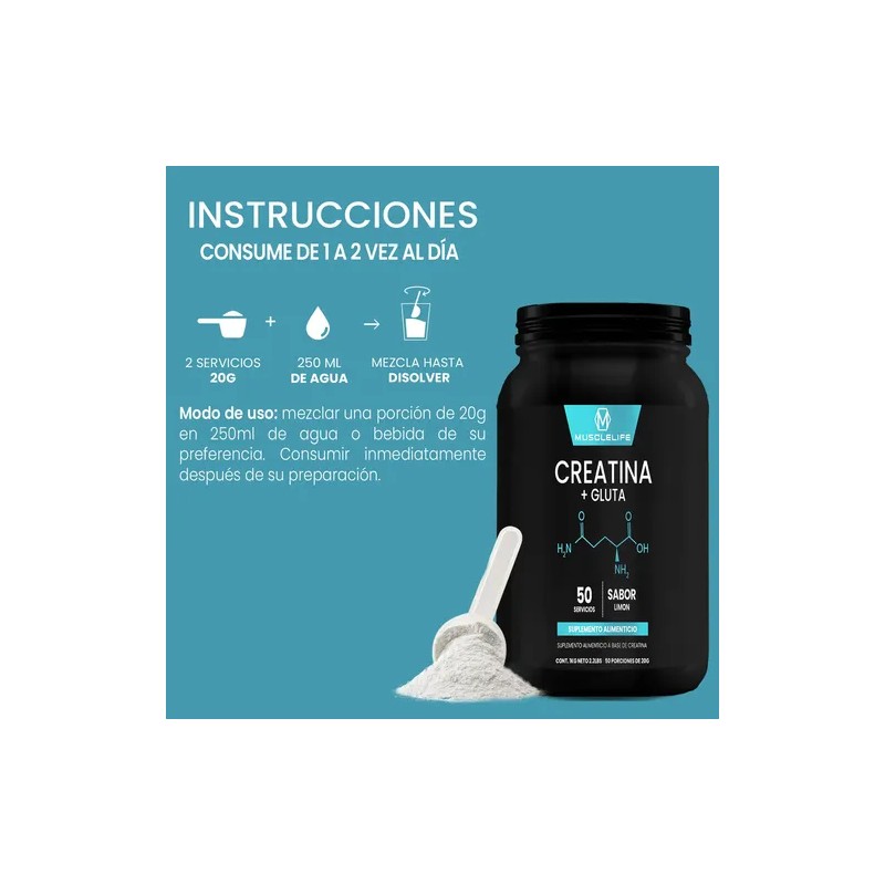 Creatina + Glutamina Suplemento Polvo Muscle Life 1kg 50serv
