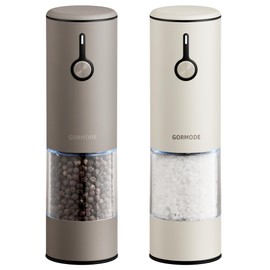 Stainless Steel Rechargeable Electric Salt and Pepper Grinder Set – USB Charging, One-Hand Electric Mill, Adjustable Coarseness, LED Light & Dust Cover – Brown + Cream