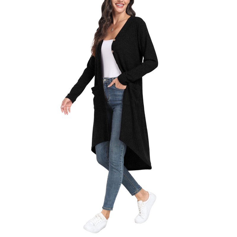 GRECERELLE Women's Long Cardigan Elegant Thin Ribbed Long Sleeve with
