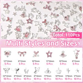 110 Pcs Pink Gems Silver Nail Charms, Dangle Star Nail Charms and Gems, Alloy Butterfly Bows Crown Planet Nail Art Charms, Alloy Y2K Nails Charms for Acrylic Nails DIY Accessories