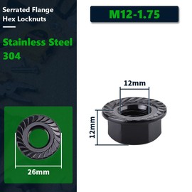 RoyceMart M12-1.75 (10 Pack) Stainless Steel Serrated Flange Hex Nuts, Metric Flange Hex Nuts, Stainless Steel 304 (18-8), UNC Coarse Thread, Black Coated