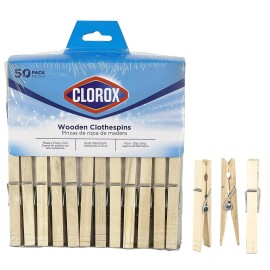 CLOROX 50 Pack Wooden Clothespins Rust Resistant Non Slip Grip Versatile Clips