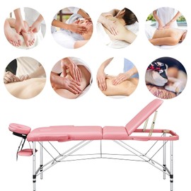 Topeakmart Portable Massage Table Aluminum Spa Bed Therapy Table Height Adjustable Salon Bed 84 Inch 3 Fold, Pink