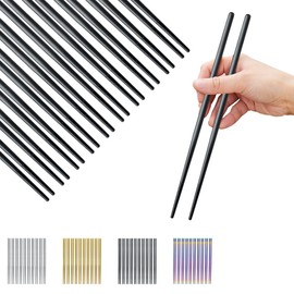 Evanda Black Chopsticks, 10 Pairs Reusable Chop Sticks, Metal Chopsticks, Stainless Steel, Black Titanium Coating, Chopsticks, Easy Clean, Dishwasher Safe