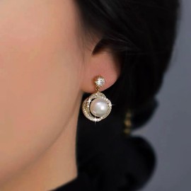 Erimberate Bohemian Crystal Pearl Drop Earrings Gold Cz Circle Stud Earrings Round Pearl Dangle Earrings Minimalist Rhinestone Pearl Hoop Earrings Jewelry for Women