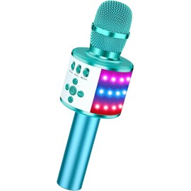 BONAOK Karaoke Microphone for Kids & Adults - Instrument Wireless Microphones Bluetooth Singing Mic with Disco Lights, Echo Effect, Built-in Speaker Portable for Party Travel Gifts Q78(Ice Blue)