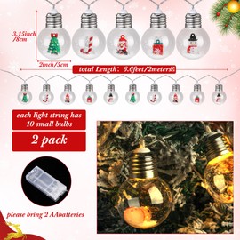Aurelema 2 Pcs Christmas Lights 6.6ft 10 LED Bulbs Snowball Lamp String Spherical Lights with Tree Snowman Candy Santa Claus Gift Box for Bedroom Table Party Battery Operated (Warm Light)
