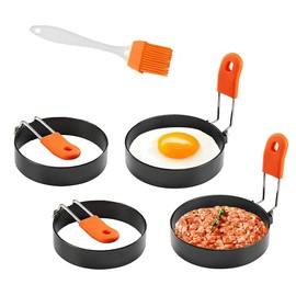 ANCLLO Egg Ring 4 Packs 2.95 Inch Egg Ring with Anti-Scald Handle with an Oil Brush Non Stick Coating Breakfast Tool for Eggs Frying/Shaping